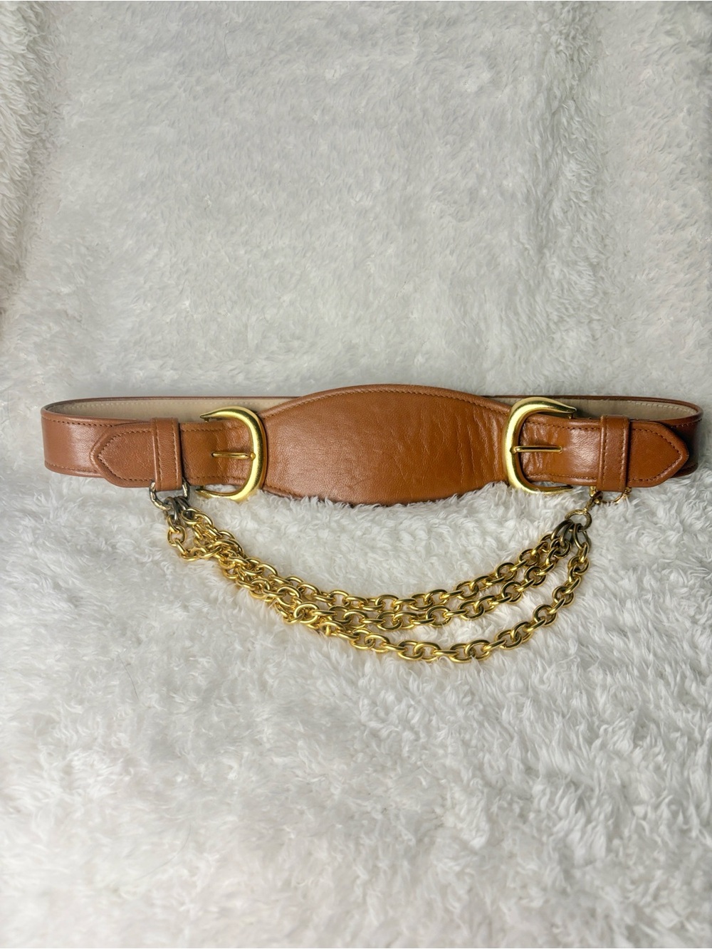 Vintage R.J. Graziano Cognac Leather Waist Belt with Gold Chain Detail-medium